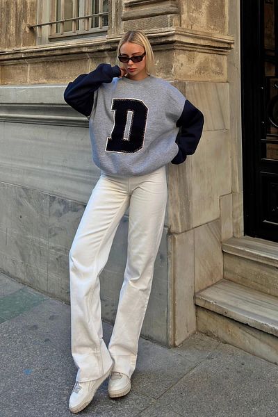 Swist Gray Navy Blue D Embroidered Garnished Women's Cotton Sweatshirt