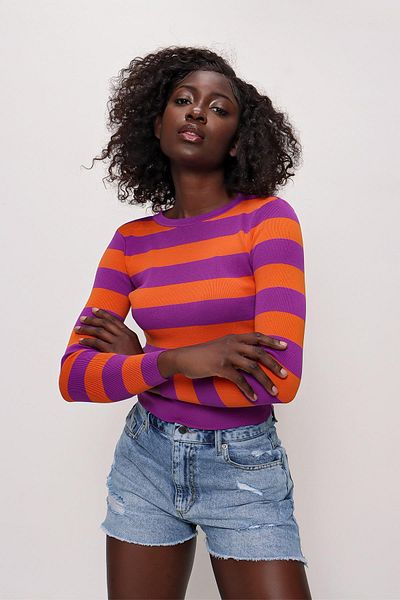 CHUBA Women's Striped Crew Neck Knitwear Sweater Purple-orange 22sw301