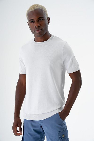 CHUBA Ανδρικό πλεκτό πουλόβερ με λαιμόκοψη Standard Fit Βαμβακερό κοντό μανίκι Λευκό 24s261