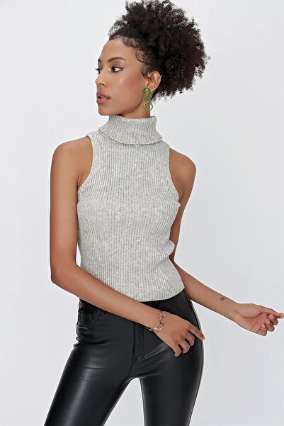 CHUBA Pulover de damă cu guler rotit cu nervuri, fără mâneci, tricotaj, gri 23w315