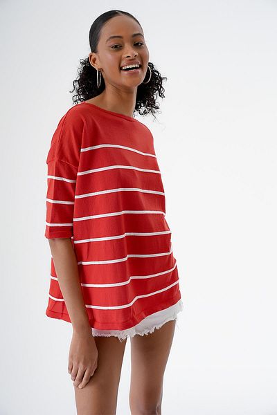CHUBA Women's Crew Neck Oversize Short Sleeve Striped Knitwear Sweater Pomegranate-White 24S151