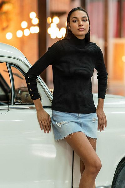 CHUBA Pulover de damă, cu jumătate de gât țestoasă, cu nasturi, tricotaje cu nervuri, negru 24w107