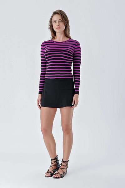 CHUBA Pulover de damă cu gât crew cu dungi contrastante, cu croiala normală, tricotaj, negru-violet 24w106