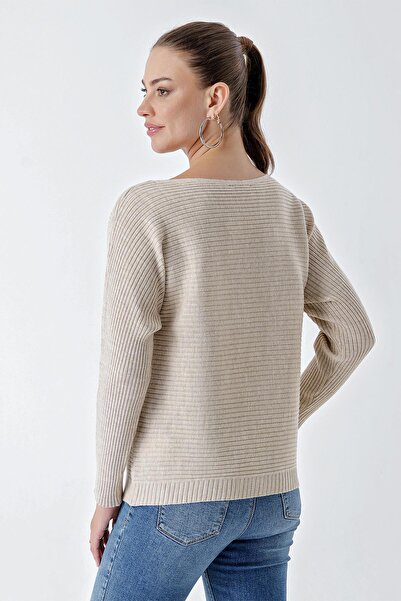 CHUBA Pulover de damă, cu gât de barcă, cu nervuri, largi, bej 24w109
