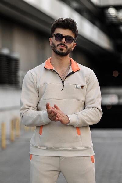 Pobudo Beige Color Stand-up Collar Zipper Suit