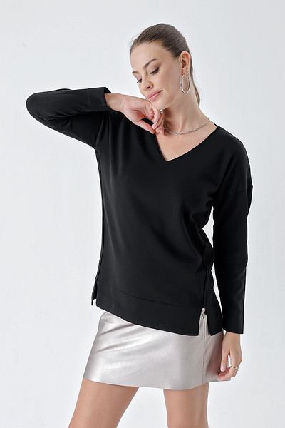 CHUBA Pulover negru din tricot cu decolteu în V - Potrivire confortabilă, cusături înclinate 24w117