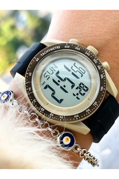 Cockpit Marka Siyah Renk Silikon Kordon Yuvarlak Bej Kasa Dijital Spor Erkek ...