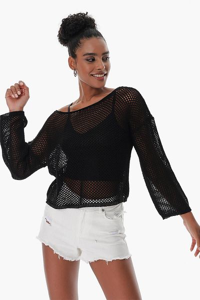 CHUBA Women's Mesh Knit Cotton Bolero Knitwear Sweatshirt Black 23s1006