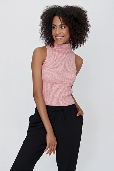 CHUBA Women's Turtleneck Ribbed Sleeveless Melange Knitwear Sweater Pink 23w315