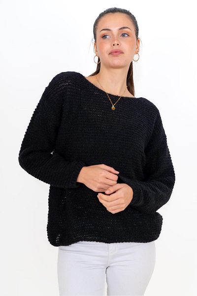 CHUBA Women's Textured Soft Button Alpaca Wool Boat Neck Knitwear Sweater Black 24W143