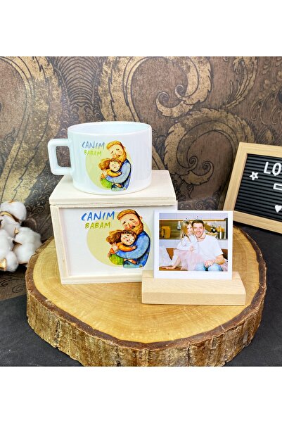 Gift Moda Canım Babam Tasarımlı Kutulu Kupa Ve Ahşap Fotoğraf Tutucu Set
