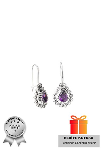 ADA LİFE GÜMÜŞ 925 Ayar Gümüş Mor Taşlı Damla Model Oksitli Telkari Kadın Küp...