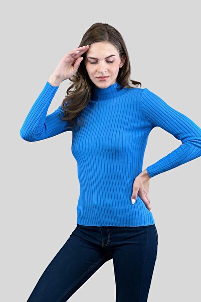 Miss Poem Pulover de damă, cu jumătate de mânecă, cu gâtul turn, de iarnă, de bază, albastru