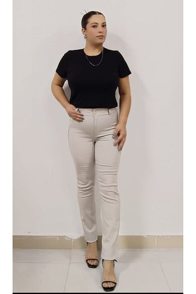 AKŞEN GİYİM Beige Colored Large Size Lycra High Waist Skinny Leg Trousers with Leather Detail