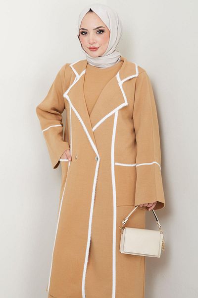 hafsamina Camel Color Beard Detailed Triple Knitwear Set - Hm2534