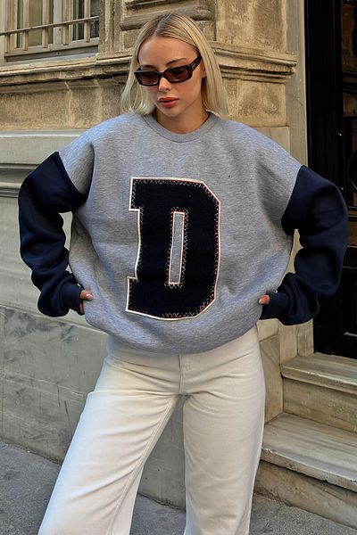 Swist Gray Navy Blue D Embroidered Garnished Women's Cotton Sweatshirt
