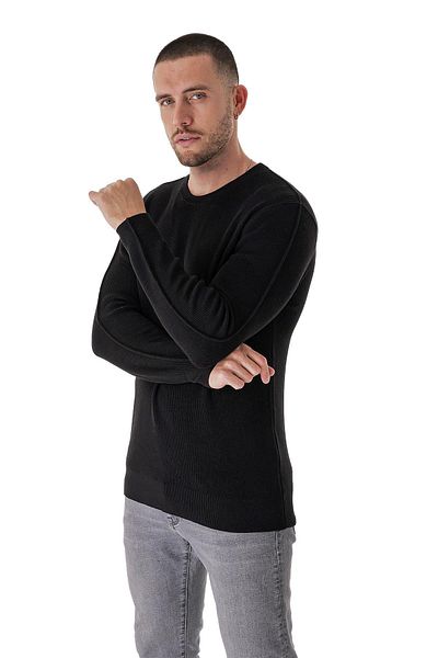CHUBA Men's Crew Neck Thessaloniki Knit Sleeve And Shoulder Reverse Stitched Casual Knitwear Sweater Black 23s2012