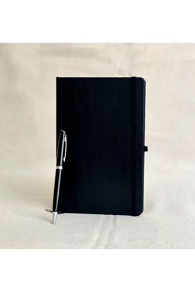 Gift Moda Black Leather Notebook and Roller Ball Pen