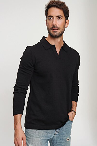 CHUBA Men's Black Reddington Polo Collar Long Sleeve Thin Knitwear Sweater 22w403