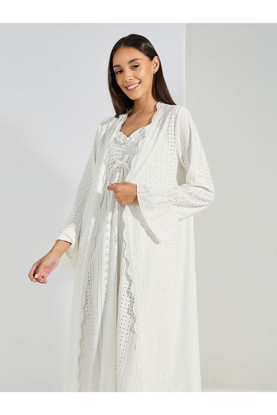 Styli Broderie Lace Trim Detail Ruffle Neck Slip Dress & Robe Set