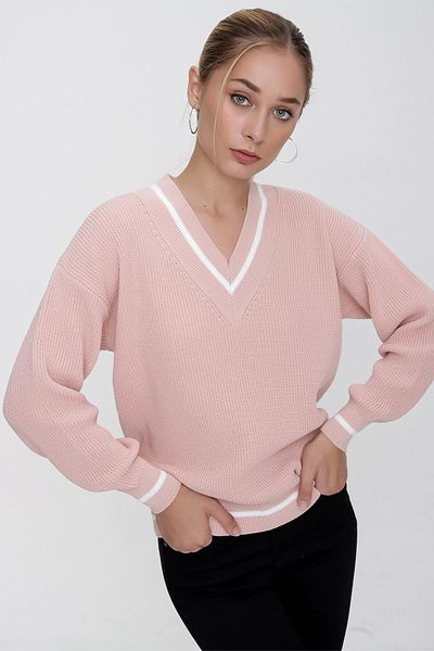 CHUBA Women's Powder V-Neck Contrast Line Detailed Comfortable Fit Thessaloniki Knitwear Sweater 22wk209