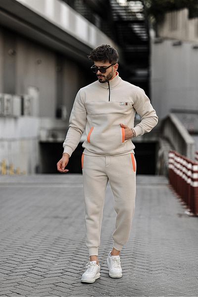 Pobudo Beige Color Stand-up Collar Zipper Suit