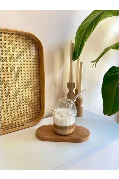 btm home كوب عصير سعة 430 مل - قطعة واحدة، كوب قهوة من البلاستيك مع غطاء بيضاوي وقش زجاجي