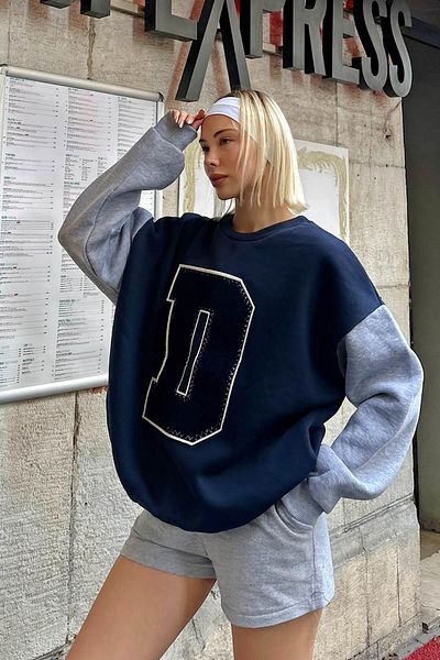 Swist Navy Blue Gray D Embroidered Garnished Women's Cotton Sweatshirt