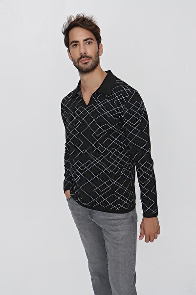 CHUBA Men's Polo Collar Patterned Knitwear Sweater Black - Ecru 23w204