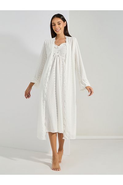 Styli Broderie Lace Trim Detail Ruffle Neck Slip Dress & Robe Set