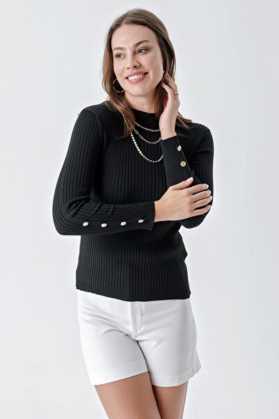 CHUBA Pulover de damă, cu jumătate de gât țestoasă, cu nasturi, tricotaje cu nervuri, negru 24w107