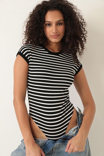 AMİDA Black Striped Ribbed Bodysuit - Crew Neck, Short Sleeve, Snap Fastener - 2409