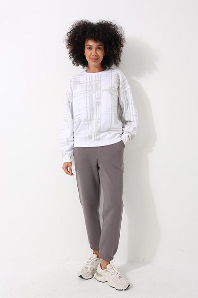 AMİDA White Women's Geometric Patterned Oversize Sweatshirt - 2454
