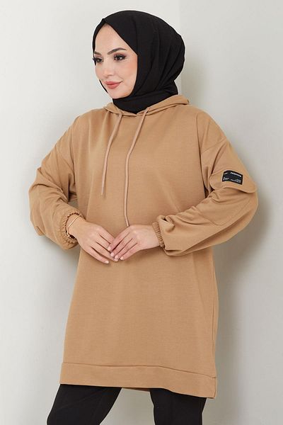 hafsamina Camel Colored Hooded Sweatshirt Tunic - Pocket Detailed Hm2582