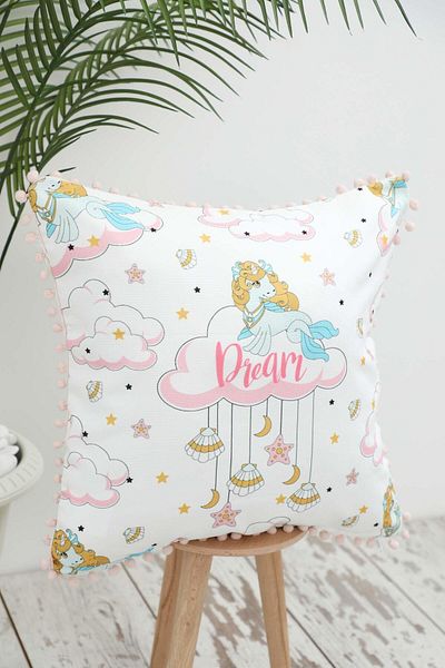 Aisha's Design غطاء وسادة للأطفال بتصميم يونيكورن دريم مقاس 45 × 45 سم - بوم بوم بحواف، k-401