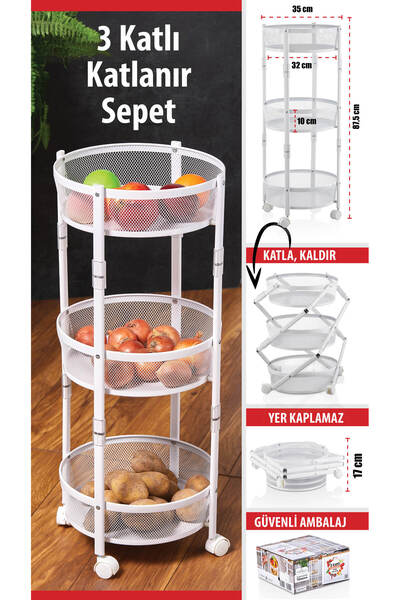 Cornella 3 Katlı Pratik Katlanır Metal Beyaz Renk Tekerlekli Sepet Patates So...