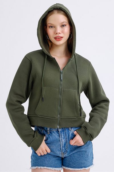 MD trend Women's Hooded Pocket Zipper Closure Fleece Inside Crop Sweatshirt
