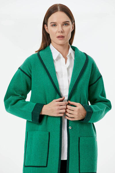 Sementa Long Knitted Cardigan with Shawl Collar - Green - Khaki