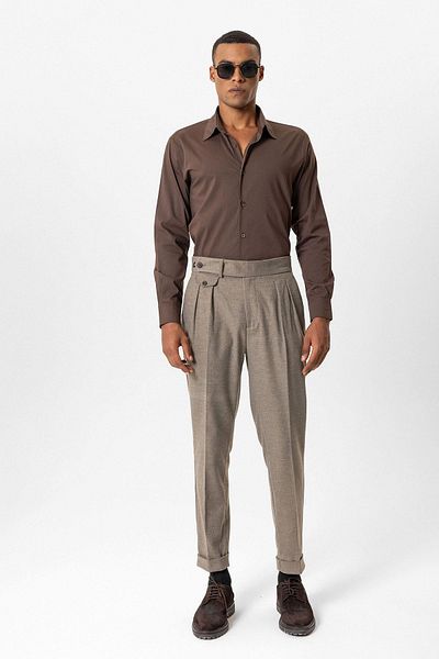 Antioch Milky Brown High Waist Pleated Technical Men's Trousers