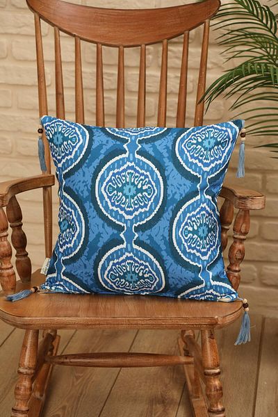 Aisha's Design Blue Ikat Medallion Patterned Throw Pillow Cover - Tassel and Bead Detail, 45X45 Cm, K-406