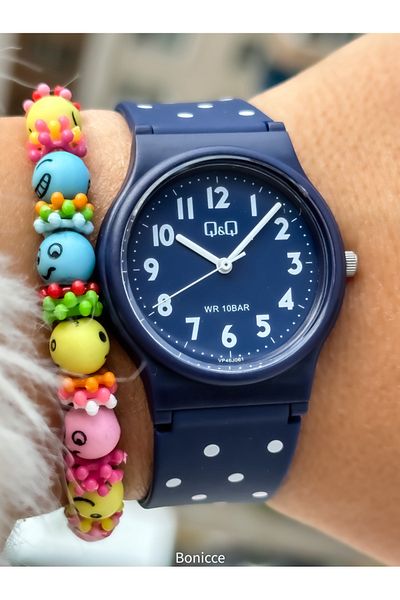 Q&Q Navy Blue Silicone Cord, 10Bar Waterproof Numeral Polka Dot Unisex Children's Wristwatch