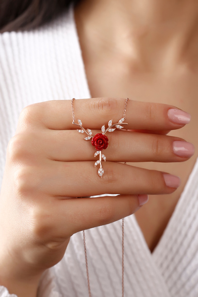 SARIASLAN Kadın Kırmızı Gül Gümüş Kolye, En Güzel Doğum Günü Hediyesi Kadın