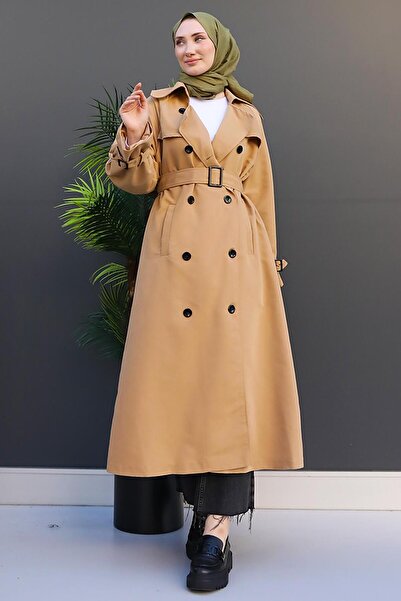 giz astore Düğmeli Kruvaze Trenç Bisküvi