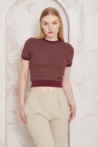 AMİDA Claret Red Jacquard Knitted Γυναικείο Crop T-shirt - Amida 2402