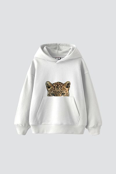 Sekizbiraltı Leopard Eyes Printed Oversize Unisex Premium White Hoodie