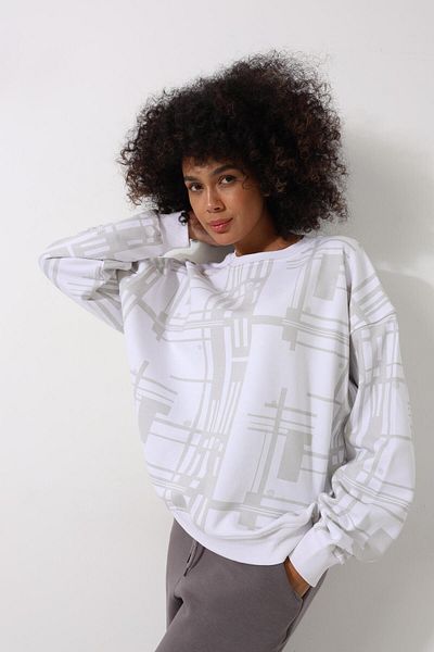 AMİDA White Women's Geometric Patterned Oversize Sweatshirt - 2454