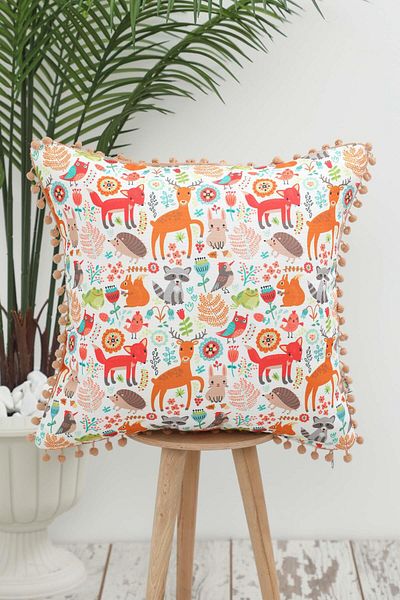 Aisha's Design 45X45 cm Deer Patterned Children's Pompom Cushion - K-401