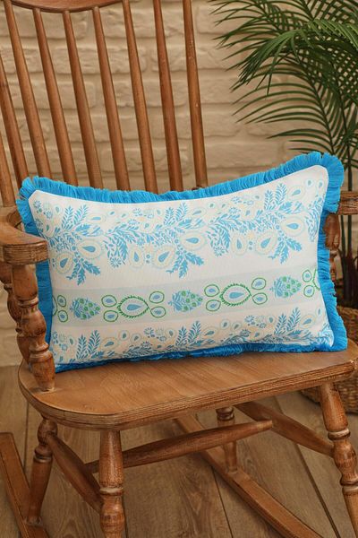 Aisha's Design Ocean Blue Motif Line Patterned Throw Pillow Cover - Fringed Edge, 50X30 Cm, K-405