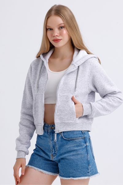 MD trend Women's Hooded Pocket Zipper Closure Fleece Inside Crop Sweatshirt
