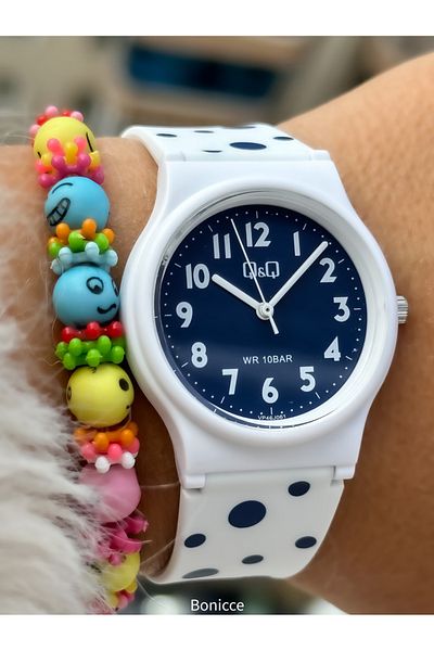 Q&Q White Silicone Cord, 10Bar Waterproof Digit Polka Dot Unisex Kids Wristwatch